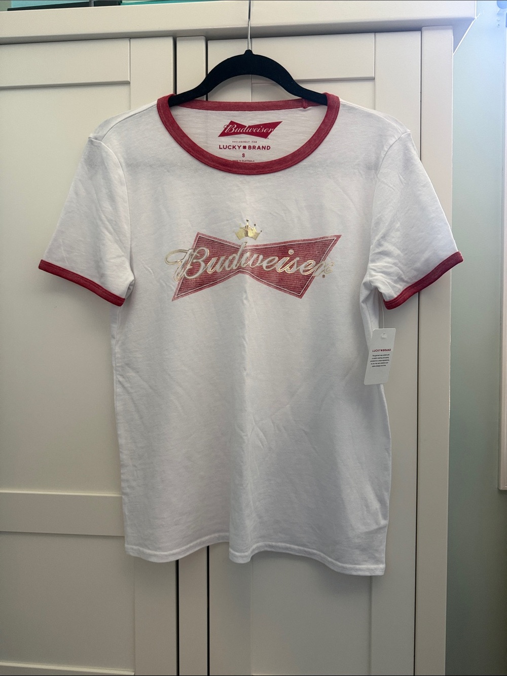 Lucky Brand White Tee with Red Trim and Budweiser Graphic